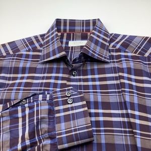 Eton Mens Blue Plaid Long Sleeve‎ Button Up Shirt Size 41 Neck 16